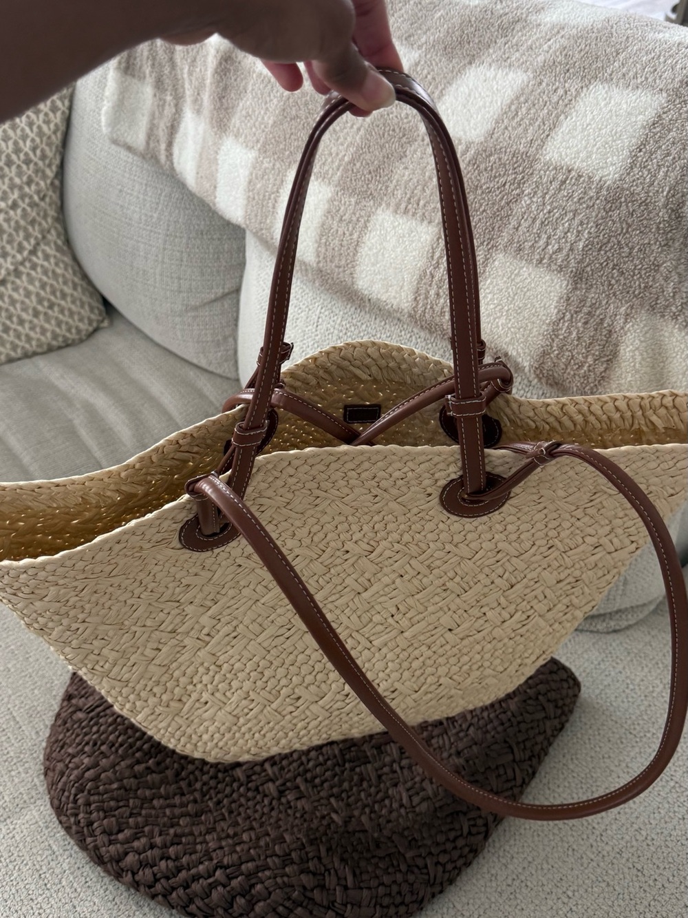 Woven Straw Tote Bag with Brown Leather Handles - Natural / Dark Brown - Picture 3 of 6